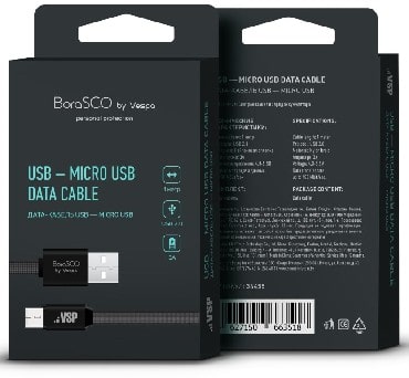 Дата-кабель USB - micro USB, 3А, 1м, в нейлоновой оплетке черный, BoraSCO (VSP)